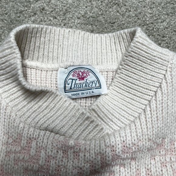 Vintage Thackery Knit Nordic Snowflake Sweater Cream Pink Pullover Sz Medium - Picture 5 of 10